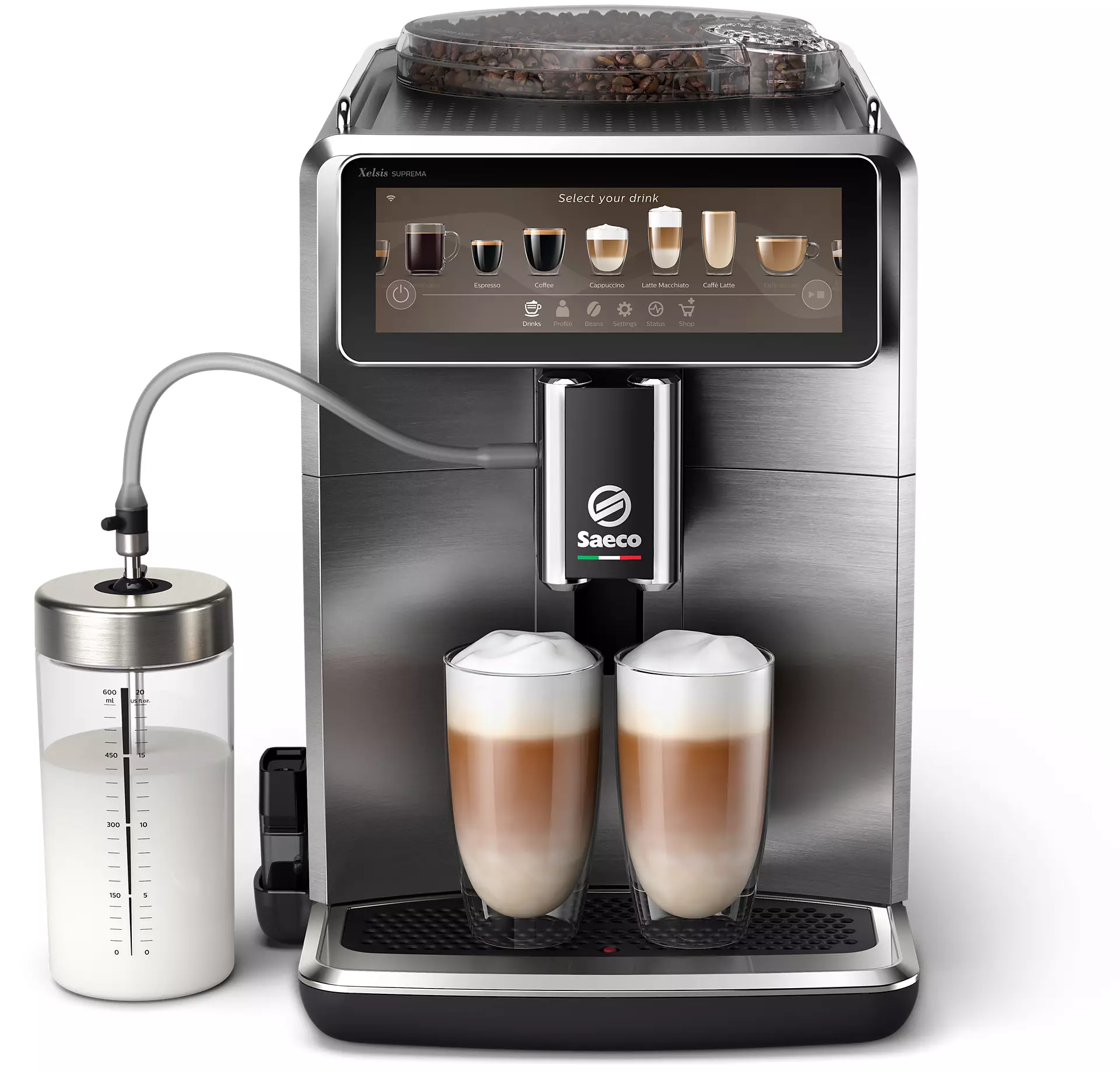 strieborný kávovar Saeco s dvomi cafe latte